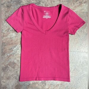 Bright Pink V-Neck Ribbed Crop Top S